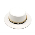 Detail of white boater hat featuring a gold chain link and black ribbon band decoration - M (56-58cm) / White