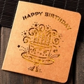 Vintage kraft paper square birthday card with laser-cut Happy Birthday and cake design - 324# Yellow Cake Candle / With Kraft Envelope