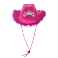Pink western cowboy hat with purple feather trim and rhinestone tiara on white background - Adult Size (58cm) / Rose Red Feather