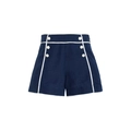 Detail of navy blue high-waisted shorts with decorative buttons and contrast piping - S-M / Shorts