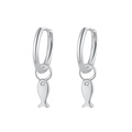 S925 sterling silver hoop earrings with small fish charms and sparkling zircon stones - Silver Fish