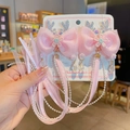 Pink bow hair clips with glitter reindeer antlers and long pearl tassel streamers - Pink Bow Long Ribbon