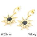 Pendientes dorados con diseño de sol, gema negra central y brillantes de imitación - Pendientes dorados con forma de sol (KE117010-KFC)
