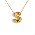 18k gold plated titanium necklace featuring a 3D puff letter S with a green heart gem - Letter S