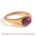Polished gold stainless steel ring featuring an oval ruby in zoisite natural gemstone - Oval Natural Stone - Unakite