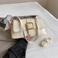 Cream white PU leather baguette bag with golden horseshoe buckle and decorative silk scarf - White