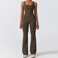 Mocha brauner Damen Sport Jumpsuit mit hohem Bund und ausgestelltem Bein für Yoga - S / Kaffee