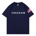 Navy blue cotton T-shirt with Freedom print and American flag sleeve detail in flat lay - S / Navy Blue