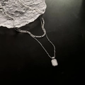 Double-layered silver titanium necklace with flat cuban chain and hollow rectangle pendant - 03-i8 Double Layer Hollow Square Necklace Silver