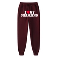 Dark red sweatpants featuring I LOVE MY GIRLFRIEND print and drawstring elastic waist - S / Wine Red (Girlfriend)