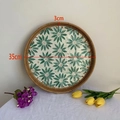 Handcrafted round rattan tray with green floral pattern inlay and 35cm diameter - Green Flower / Large 35*3cm