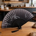 Classic black folding fan with white floral dragonfly pattern and elegant tassel decor - Style 13 (New Style)