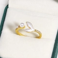 Gold open ring with white dolphin tail design, accented by pearls and sparkling zircons - White Fishtail Double Artificial Pearls (Gold 10)