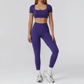 Two-piece purple seamless yoga set with square neck crop top and high waist leggings - S / Short Sleeve + Leggings / Navy Blue