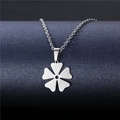 Polished stainless steel five-petal flower pendant necklace on a blue display stand - Five-Petal Flower
