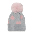 Graue Strickmütze für Kleinkinder mit rosa Blume und Kunstpelz-Bommel für den Winter - M (54-56cm) / Grau