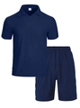 Set polo in maglia blu scuro e pantaloncini con coulisse e texture verticale da uomo - Blu navy