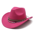 Detail of rose red felt cowboy hat with braided leather band and turquoise bead accents - M (56-59cm) / Rose Red