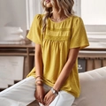 Women's yellow crew neck short sleeve blouse with lace patchwork and jacquard polka dots - S / Yellow