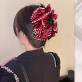 Elegant wine red satin bow hair claw with delicate pearl trim for princess hairstyles - Bubble Pearl-Red Claw Clip 13CM