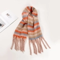 Soft mohair scarf with orange, grey and beige stripes featuring stylish fringe ends - Orange Grey Beige Striped