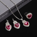 Silver jewelry set with pink heart crystals and rhinestones including necklace and rings - Necklace Earrings Ring Set / Pink