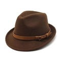 Chapeau fedora classique en laine marron foncé avec ceinture en cuir camel et boucle dorée - Adulte 57cm / café