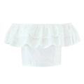 Elegante crop top bianco a spalle scoperte con balze e design minimalista pulito - S / Top con volant e spalle scoperte