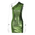 Slim fit one shoulder metallic green mini dress with shiny textured fabric for party - S / Green