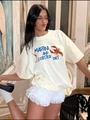 Oversized κρεμ βαμβακερό T-shirt με τύπωμα αστακού για το καλοκαίρι - S / Βερικοκί