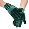 Close-up of elastic dark green velvet gloves showing soft texture and premium sheen on hand - One Size / Dark Green