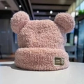 Cozy pink sherpa fleece winter hat for women with cute bear ears and knit texture - Gold Bear Pink