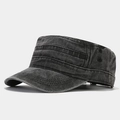 Close-up of vintage washed grey flat top military cap showing reinforced stitching detail - Adjustable / Black
