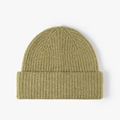 Thick olive green ribbed knit beanie hat with cuff design for winter warmth - Grass Green