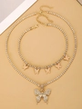 Golden Cuban tennis choker and long layered necklace with rhinestone butterfly pendants - Gold 2-Piece Necklace Set (5 Butterflies + Large Butterfly)