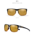 Front and 45-degree views of black polarized sunglasses with golden mirror lenses - C1-Mirror Gold