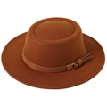 Detail of caramel brown felt fedora hat featuring matching decorative belt and metal buckle - M(56-58cm) / Coffee