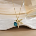 Golden titanium steel hummingbird necklace with blue gemstone and zircon bird pendant - FN0104 Blue Oval Gemstone Hummingbird