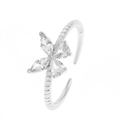 Silver open adjustable ring with flower marquise zircon stones and spiral texture band - Spiral Texture Four-Leaf Clover Flower Style (WG-0597)