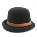 Women's black bucket hat with a stylish brown leather strap and gold metal buckle - Black / M (56-58cm)