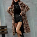 Detail of leopard print faux fur coat texture and lapel design on long winter jacket - 2XL / Leopard Print