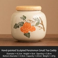Mini ceramic tea canister with wooden lid and persimmon motif, 241ml capacity - Hand Painted Relief Persimmon - Jar