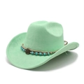 Detail of mint green faux suede cowboy hat with turquoise beads and bronze sun emblem - M (56-58cm) / Fluorescent Green