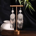 Silver ethnic long tassel earrings with intricate hollow flower and diamond-shaped fringes - Hollow Flower Tassel (E4870-8) / Silver
