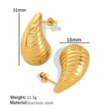 Polished 18K gold teardrop earrings in a chubby textured stainless steel spiral design - Ribbed Waterdrop Large (SE24011601GL)