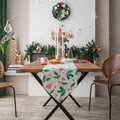 Christmas table runner with holly leaves and red plaid hearts on a wooden dining table - 30x140cm / Heart Shaped Leaves