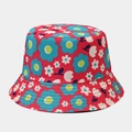 Detailed close-up of vibrant floral print on a red cotton bucket hat with blue flowers - M (56-58cm) / Red Base Multicolor Sunflower Print