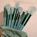 Set de brochas de maquillaje verde con cerdas grises y estuche en seda rosa - 13 Piezas Verde + Bolsa