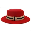 Classic red wool felt flat top boater hat with a striped ribbon band for women - One Size 58cm Circumference / Red