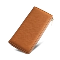 Women's long RFID leather wallet in tan brown pebbled finish with gold zipper - Brown